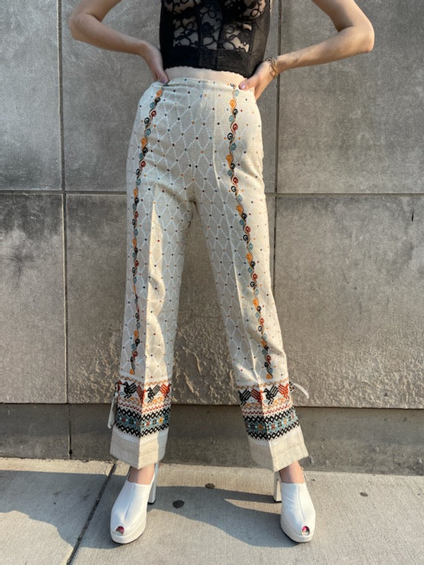 90s Creme Blue Velour Stripe Bell Bottom Low Rise Pants