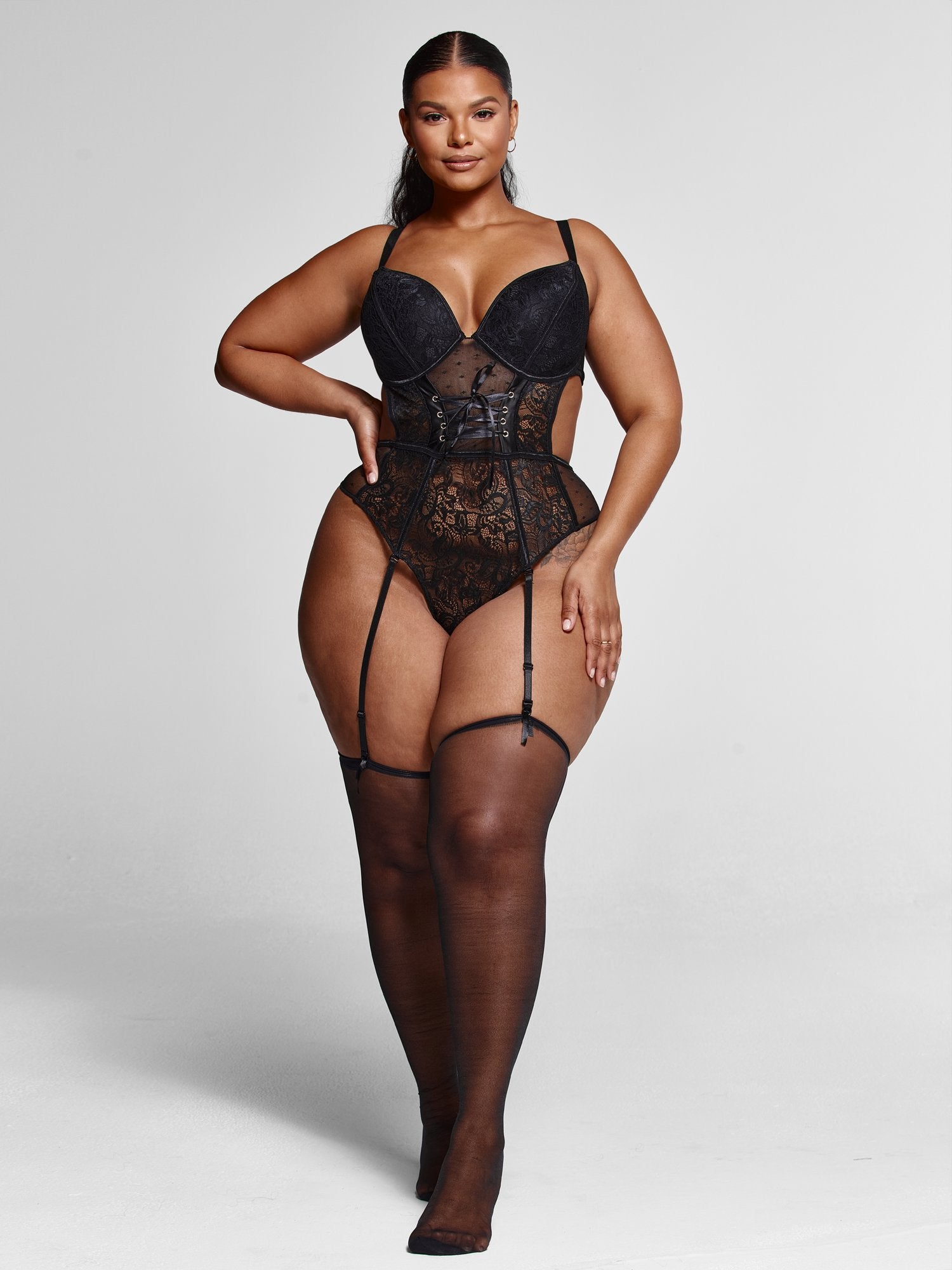 Plus Size Angelina Corset Detail Lace Bodysuit with Garter Belt & Stockings