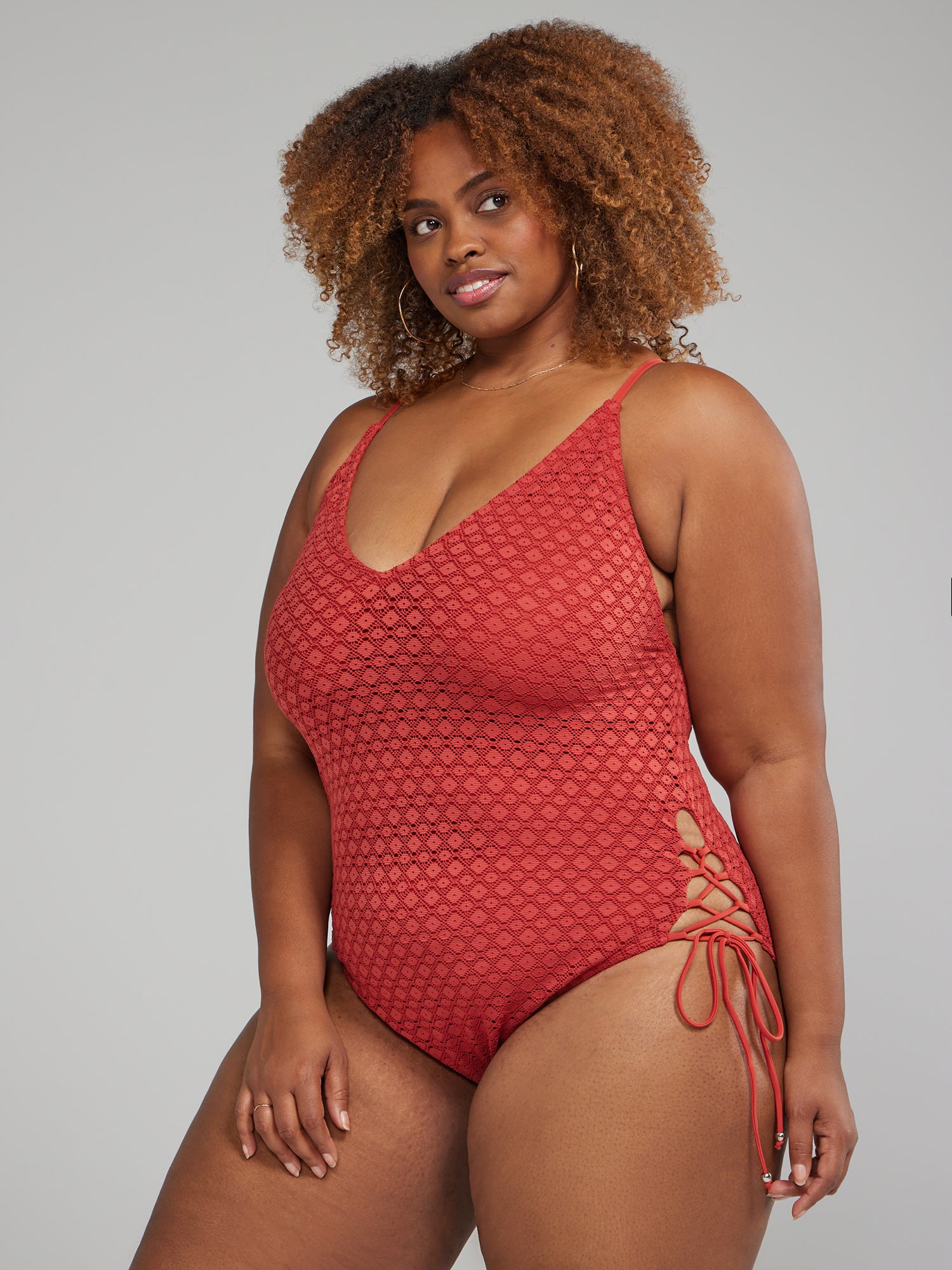 Plus Size Crochet Side Lace-Up One-Piece Swimsuit