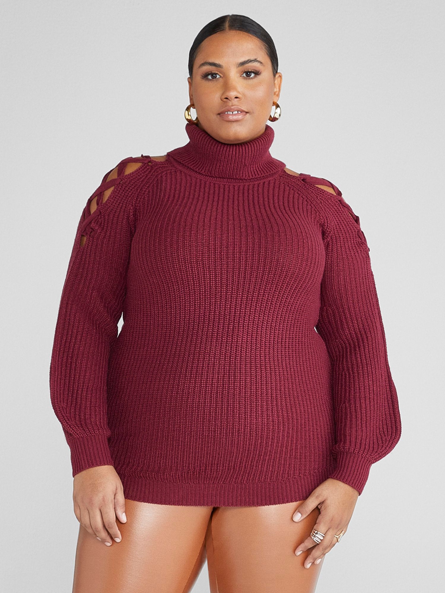 Plus Size Ava Lace-Up Shoulder Turtleneck Sweater | Fashion to Figure