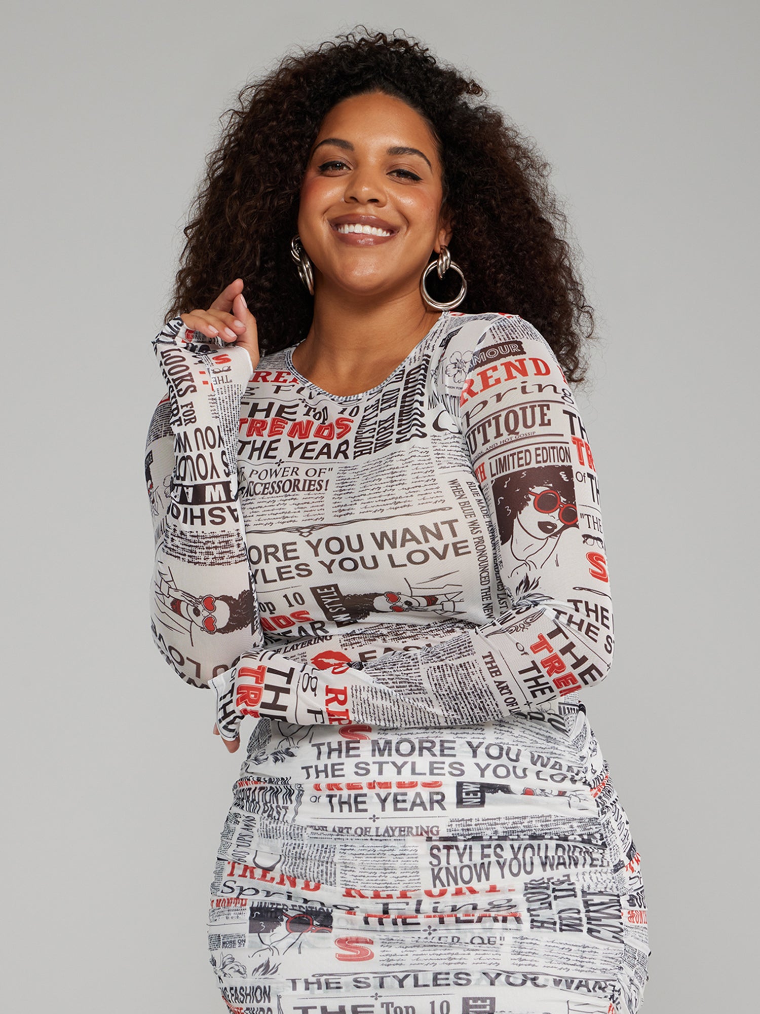 Plus Size Newspaper Print Mesh Top