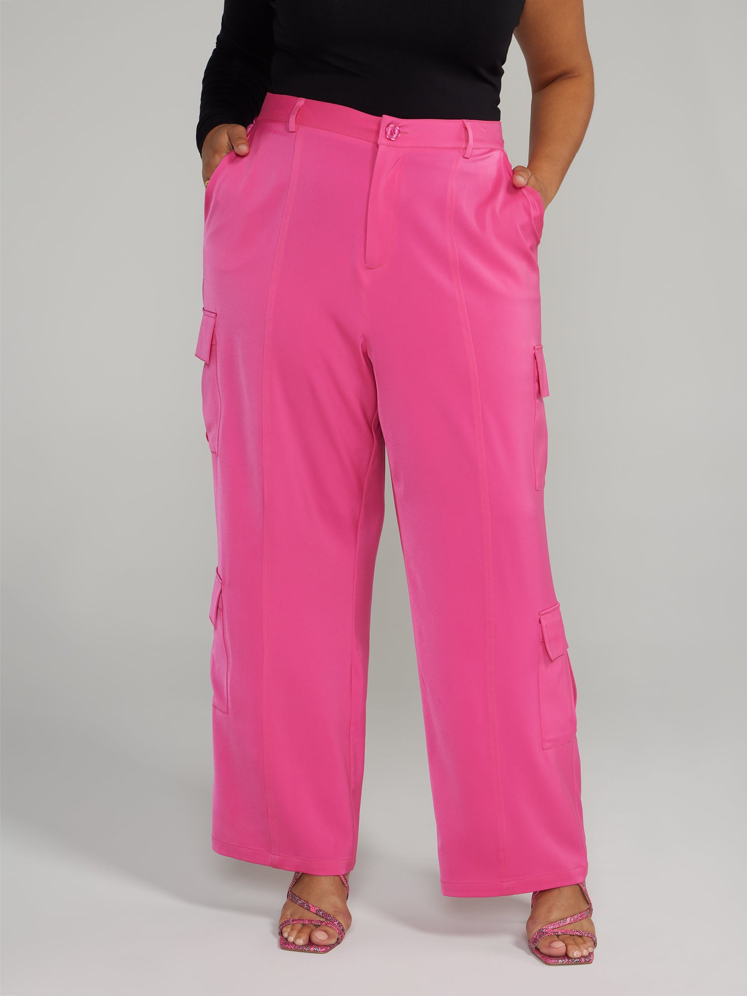 Plus Size Wide Leg Satin Cargo Pants