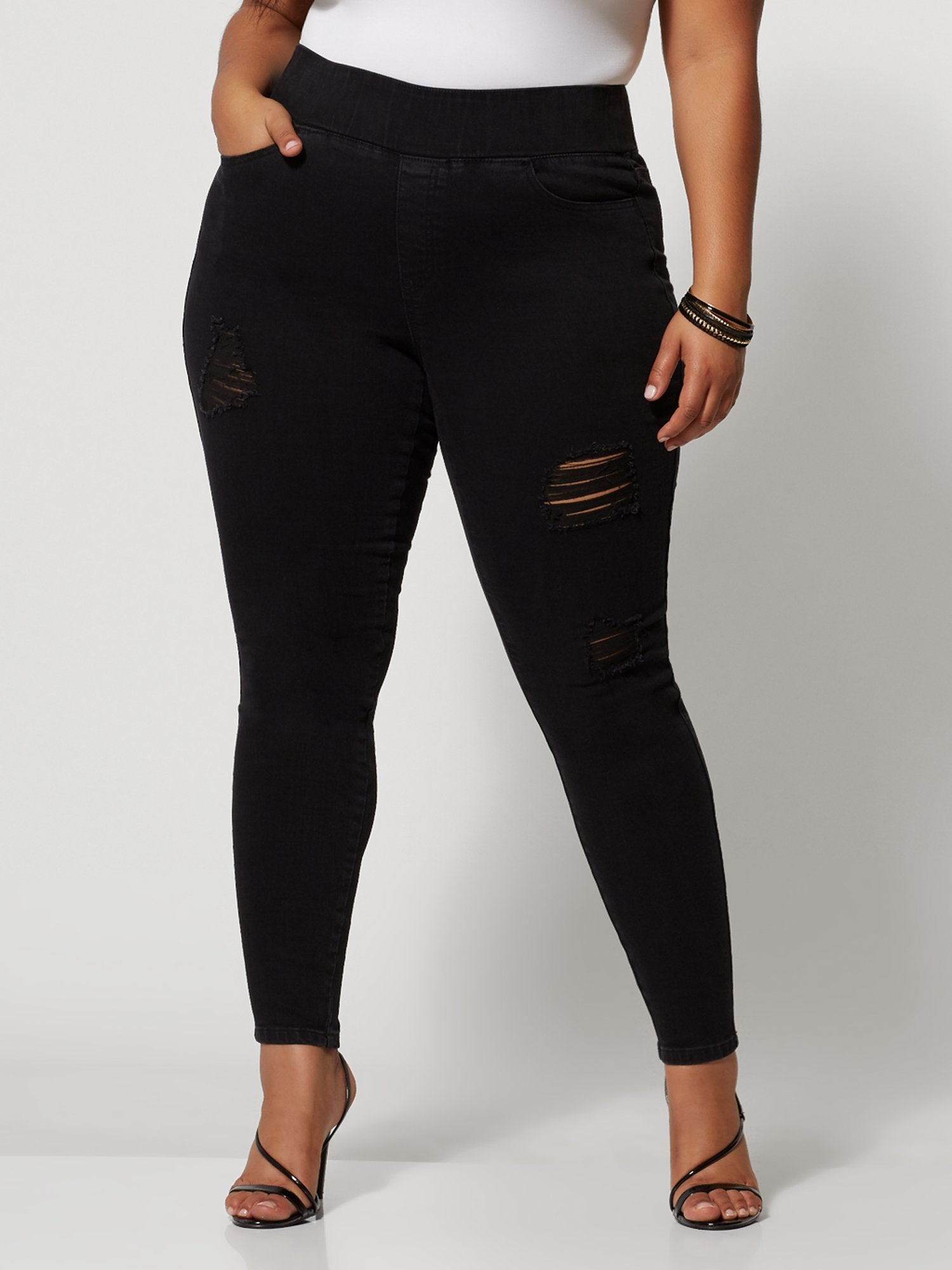 Plus Size Black High-Rise Destructed Jeggings - Tall Inseam