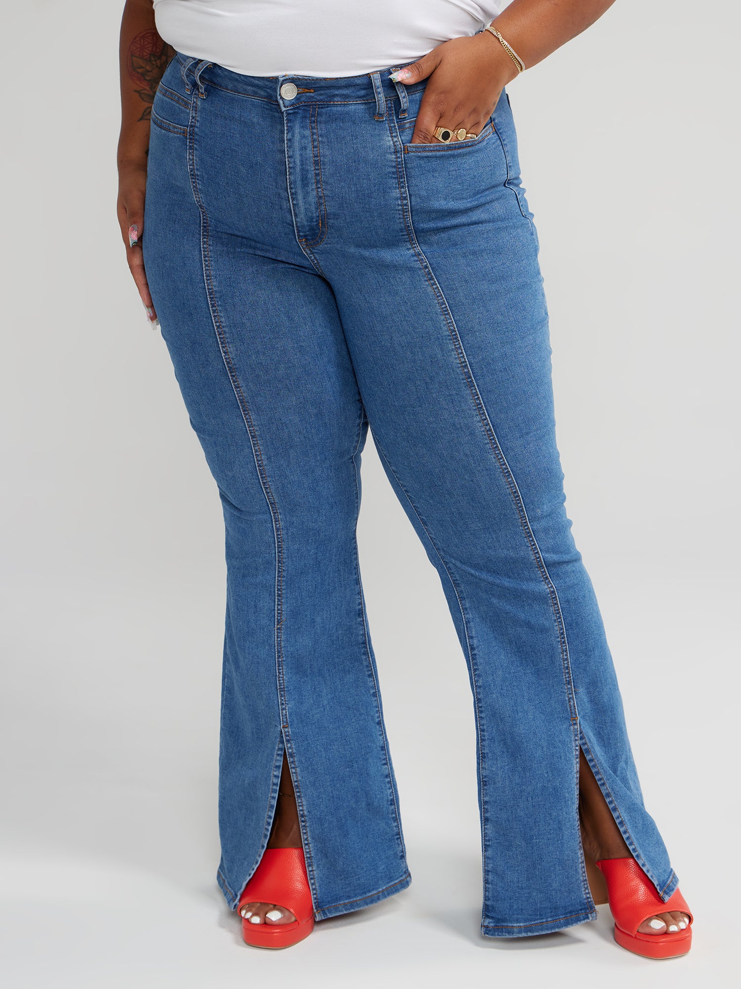 Plus Size High Rise Flare Jeans with Front Slit
