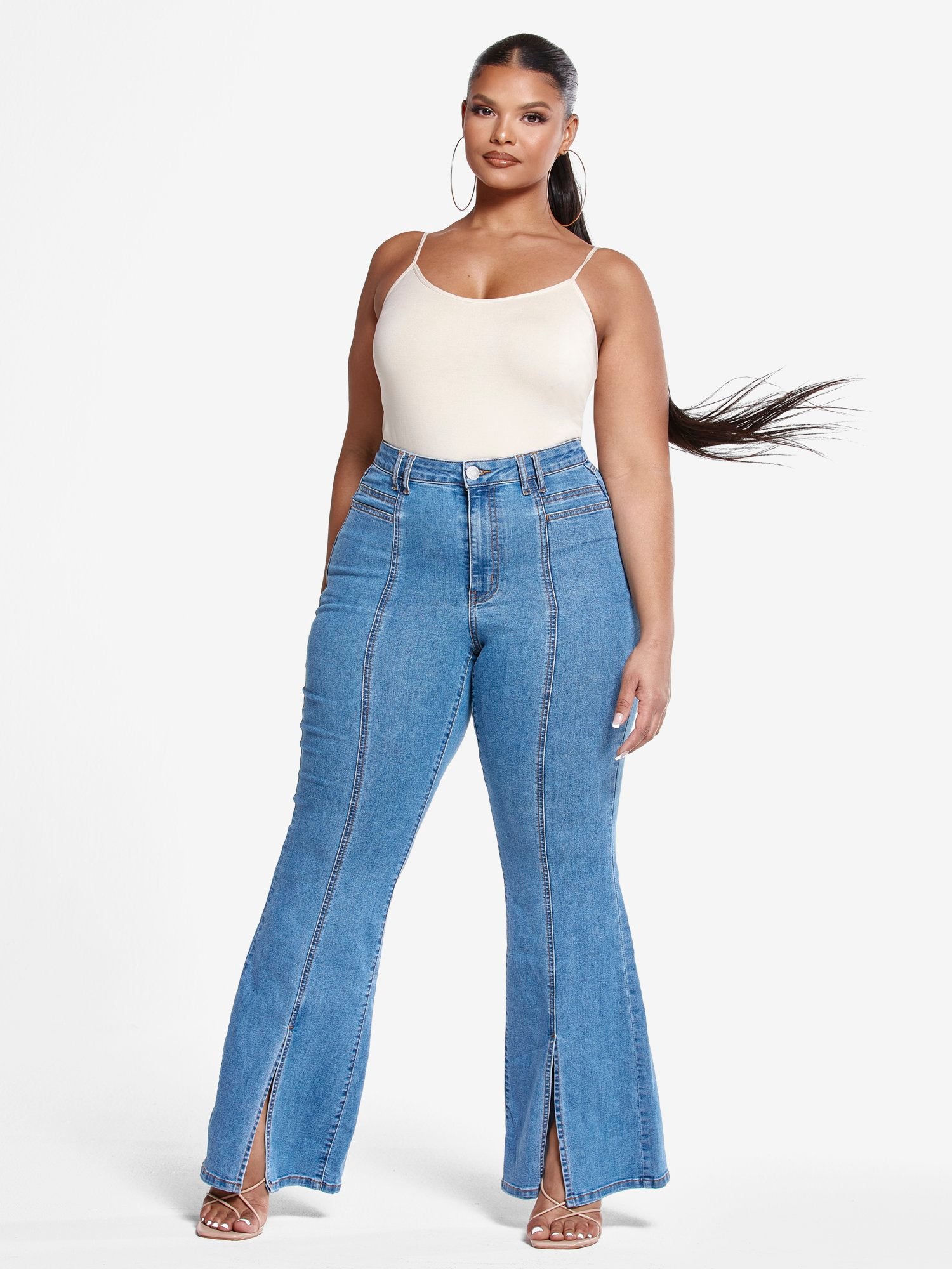 Plus Size High Rise Flare Jeans with Front Slit