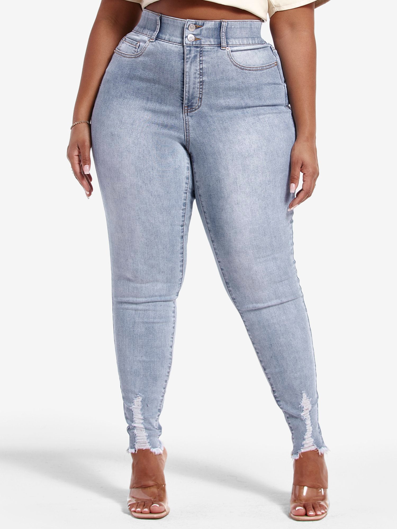 Plus Size High Rise Destructed Curvy Skinny Jeans - Tall Inseam