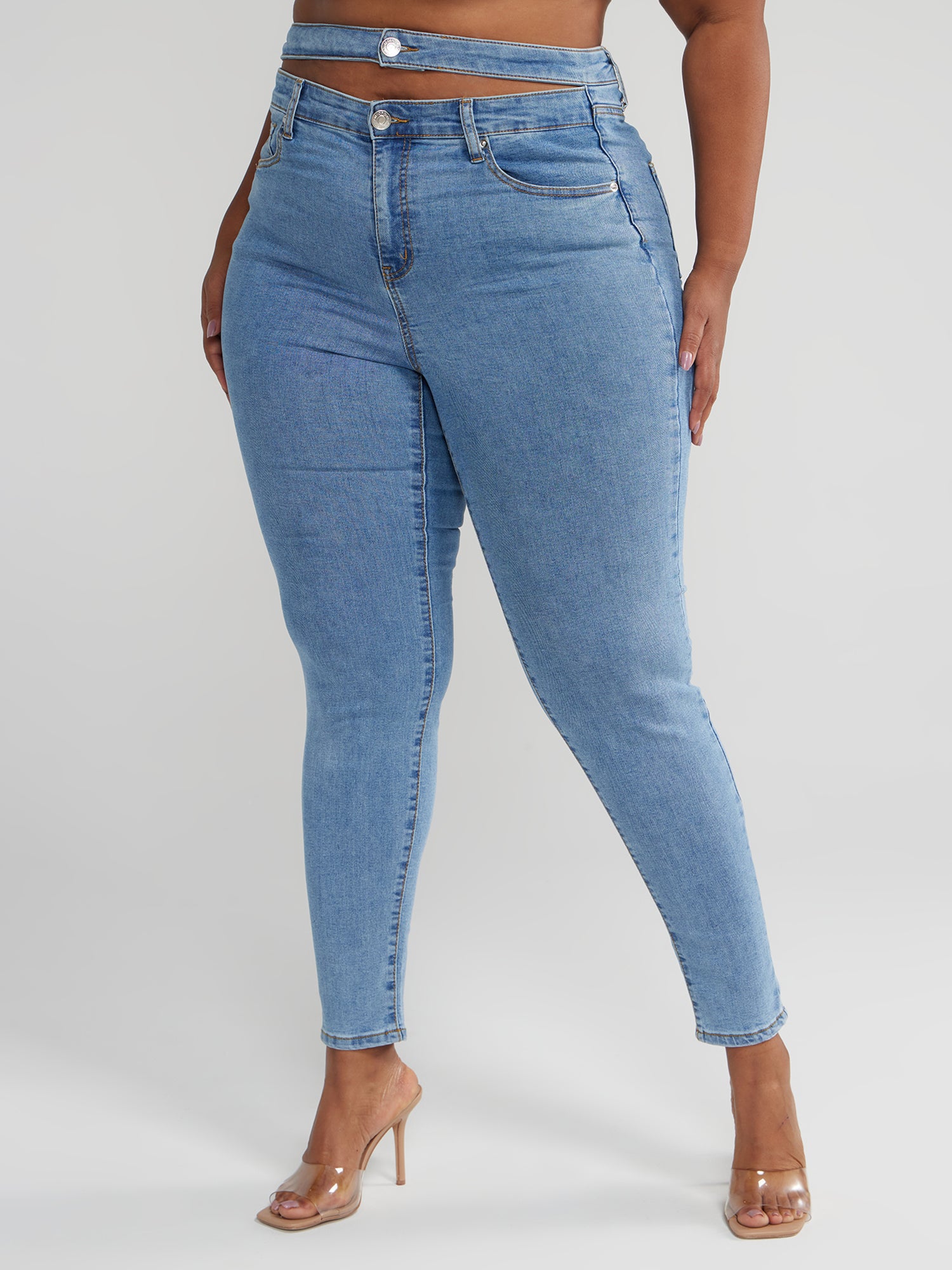 Plus Size High Rise Double Waistband Cutout Skinny Jeans
