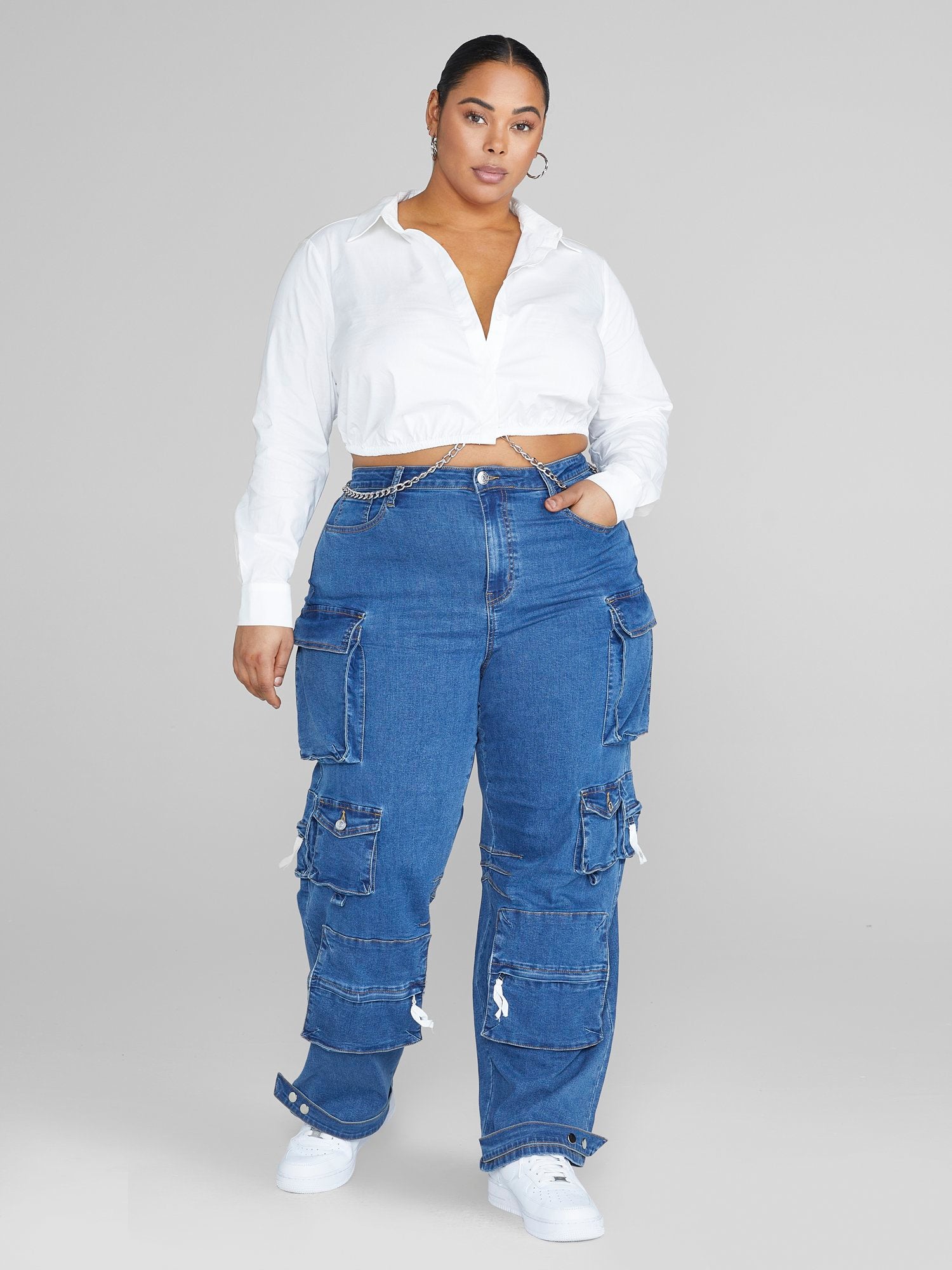 Plus Size High Rise Straight Leg Denim Cargo Jeans