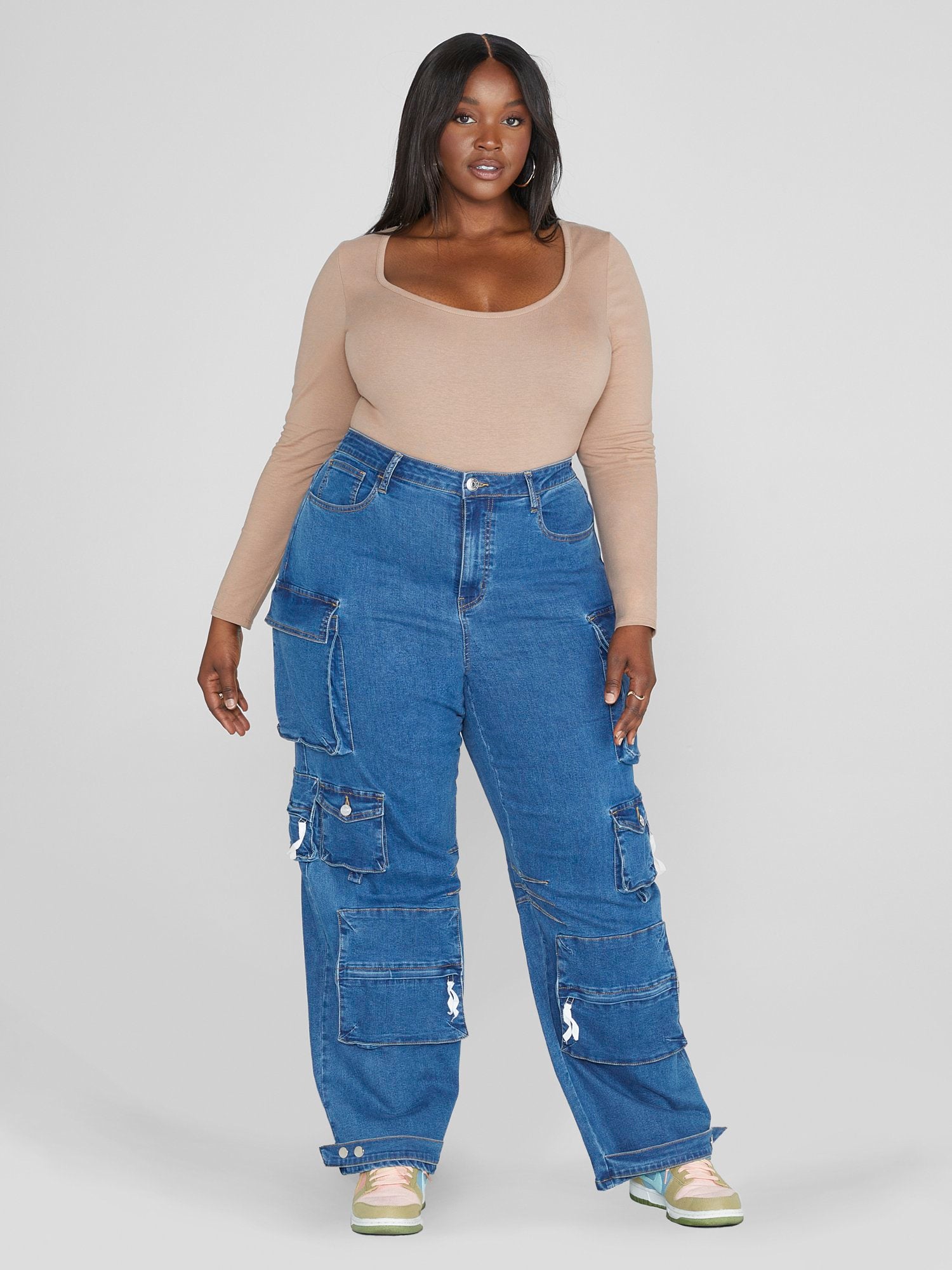 Plus Size High Rise Straight Leg Denim Cargo Jeans