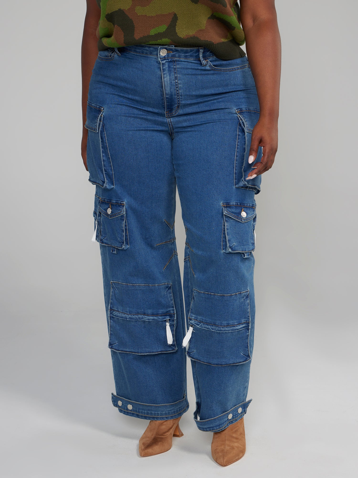 Plus Size High Rise Straight Leg Denim Cargo Jeans - Short Inseam