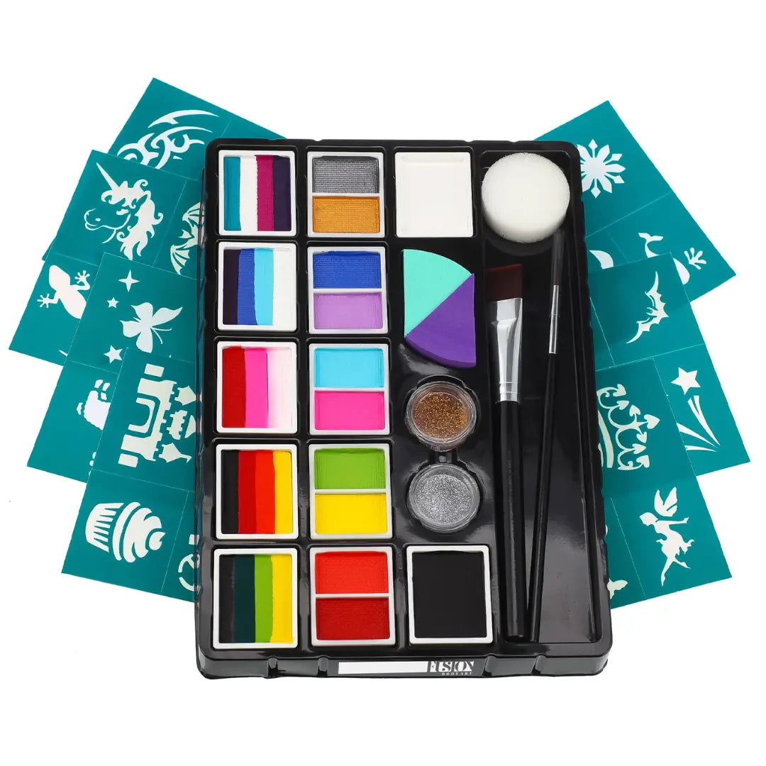 VESPRO Face Painting Kit For Kids Party,32 Colors Professional Oil  Face&Body Paint Kit with 10 Brushes 4 Reusable Face Stencils,2 Glitters and  2