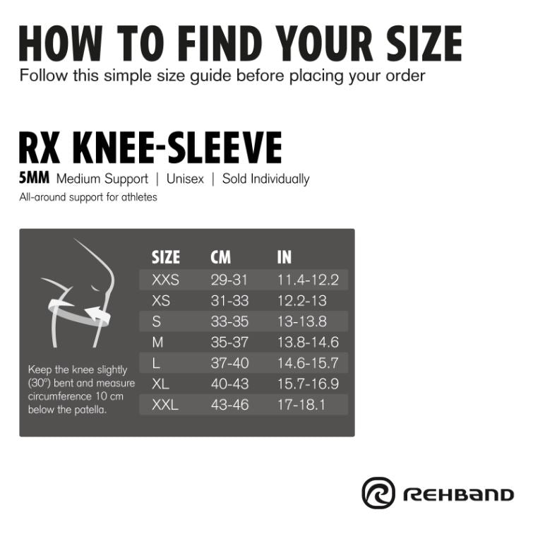 Rehband Knee Support 5mm Neoprene - Carbon size chart