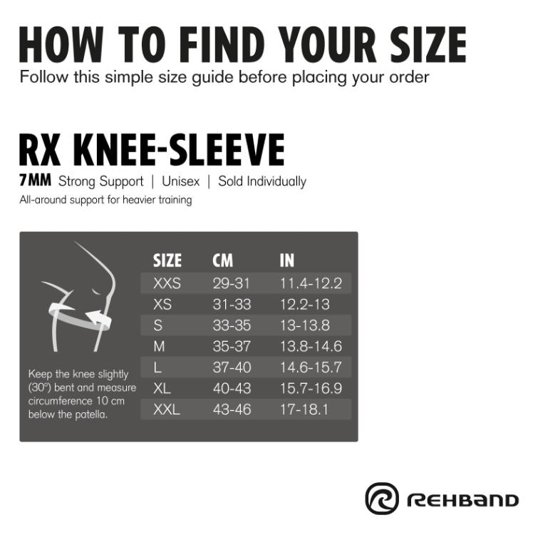 Rehband Knee Support 7mm Neoprene - Carbon size chart