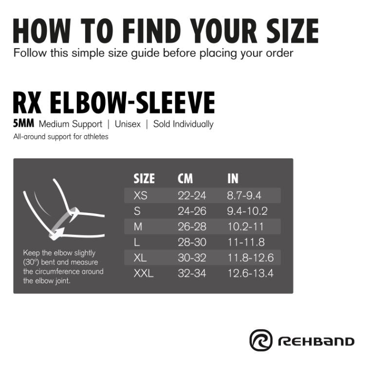 Rehband Rx Line Elbow Sleeve 5mm Neoprene - Black size chart