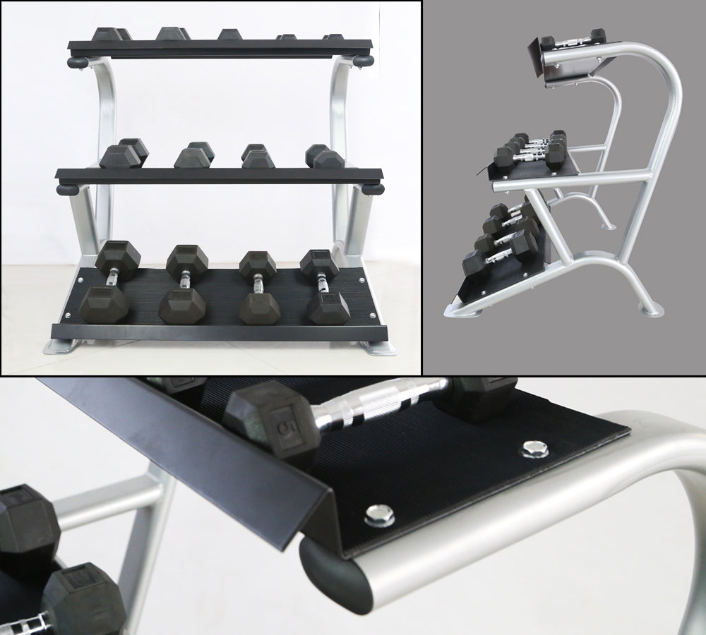 Fitness Town Hex Dumbbell Rack - 3 Tier multiple views with dumbbells