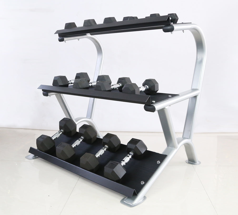 Fitness Town Hex Dumbbell Rack - 3 Tier side front with dumbbells