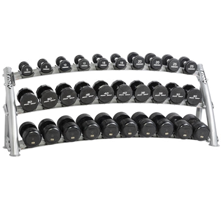 HOIST Commercial 3-Tier Dumbbell Rack loaded with 15 pairs dumbbells