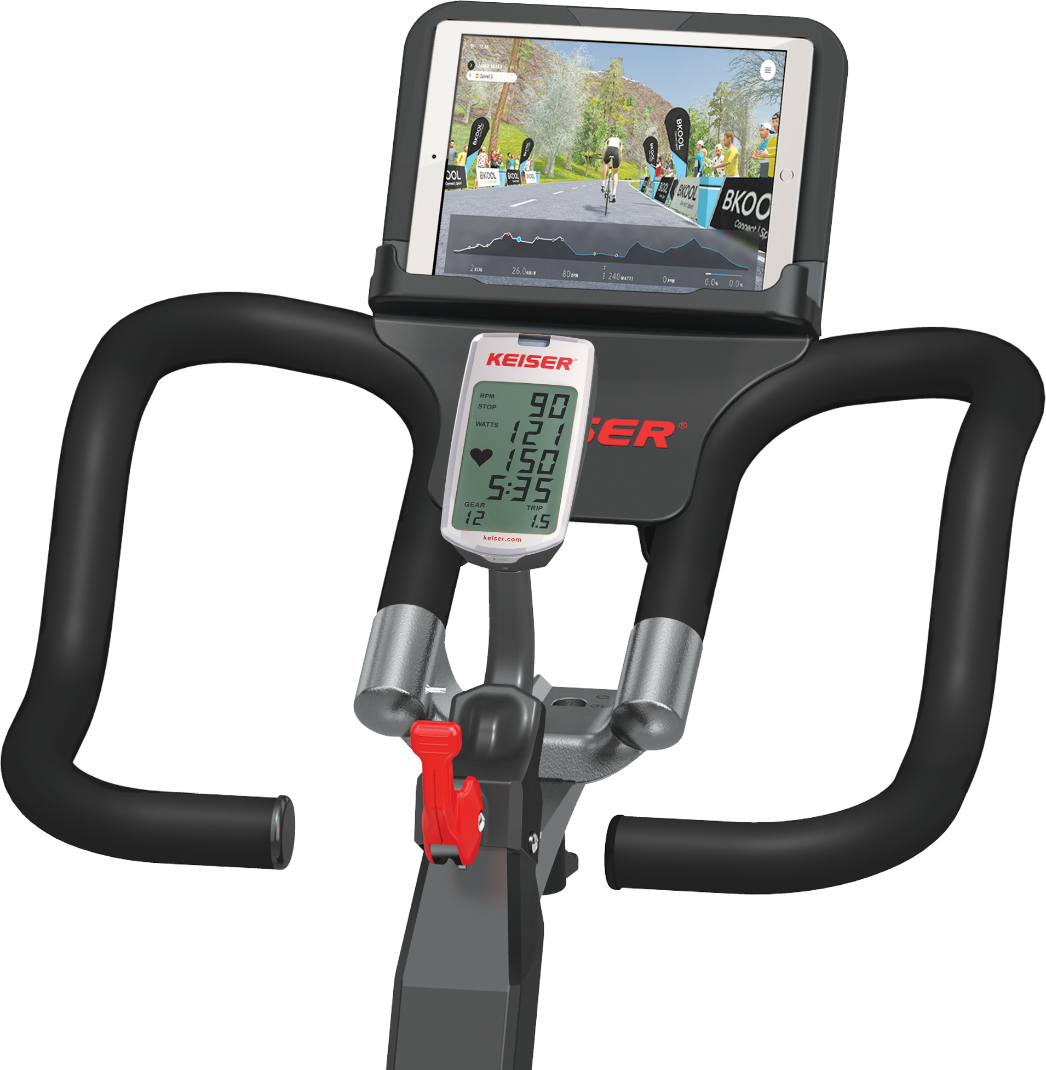 Keiser M3i Media Tray on bike holding tablet