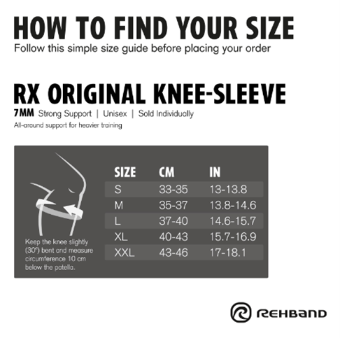 Rehband Knee Support 7mm Neoprene - Black size chart