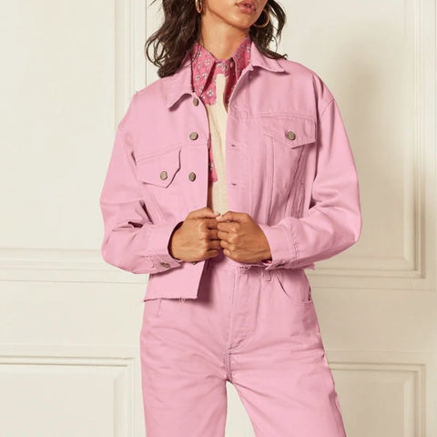 Pink denim sustainable jacket on girl sustainable brands