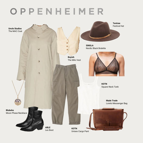 Oppenheimer outfit lookbook with sustainable fashion brands