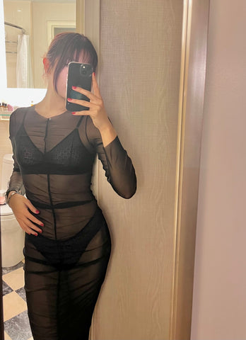 cindy shen wearing black singla intimates lingerie set with ruched maxi long sleeve sheer dress over top at the fairmont toronto hotel mirror selfie