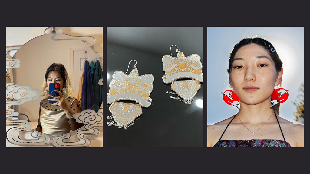 Ada Chen Jeweler: Left photo showing designer in mirror designed by her. Middle photo of mirrored earrings inspired by Chinese Dragons. Right  photo of East Asian woman wearing red acrylic earrings