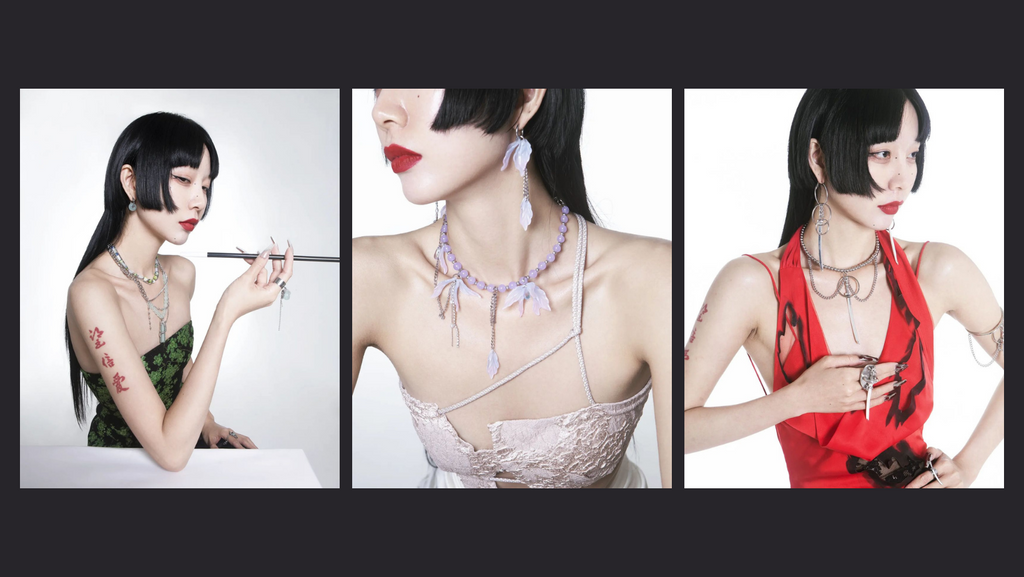 East Asian Brand Accessories: Left photo of woman holding vintage cigarette holder. Middle photo close up on neck wearing purple choker chain necklace. Right photo woman wearing silver chain necklace. 