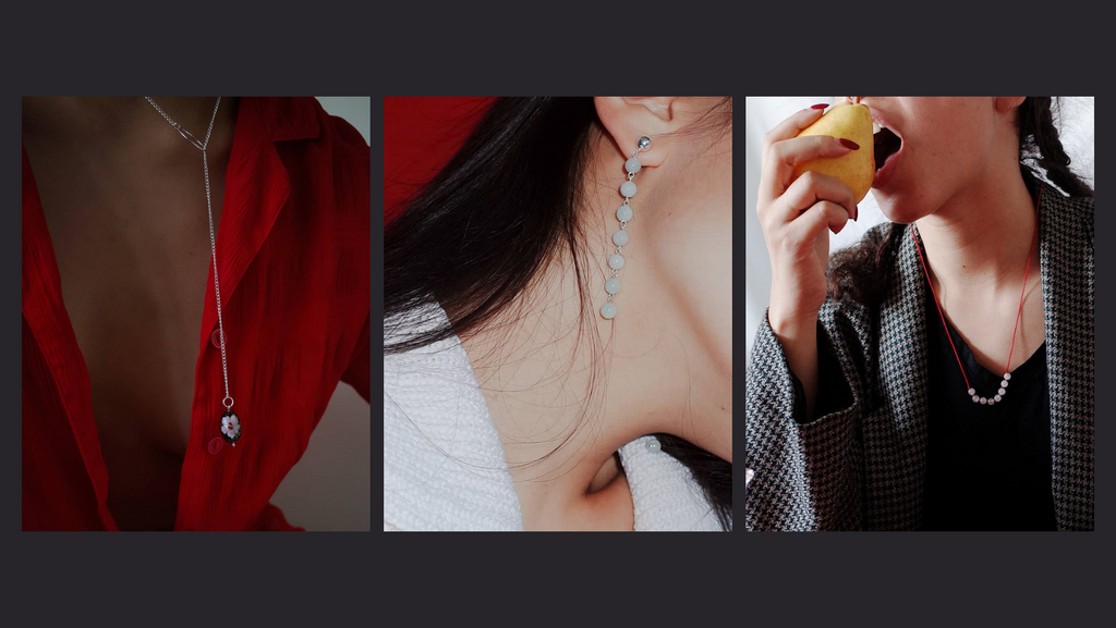 Chinese Jewelry Brand: Right photo of adjustable necklace with egg pendant. Middle photo of dangly jade earring. Right photo of woman eating an Asian pear wearing a red thread necklace.