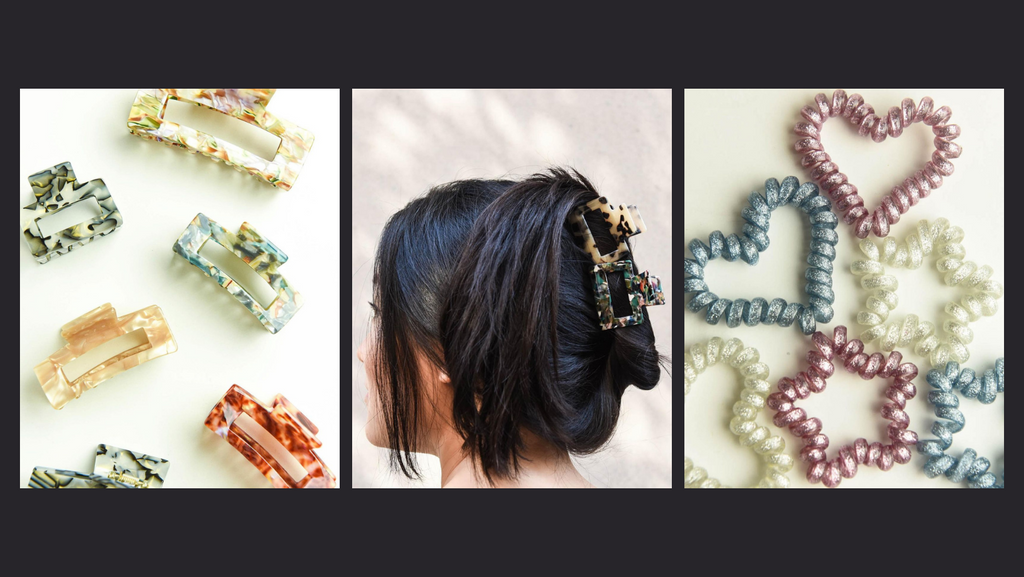 Korean Owned Brand: Left photo of colorful claw clips. Middle photo of person wearing a claw clip. Right photo of hair ties. 