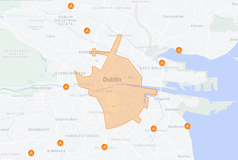 A map showing the operating zone of Bleeper's shared electric bike service in Dublin.