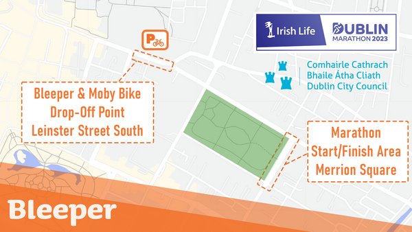 A map showing the location of the pop-up cycle parking facility for the Dublin Marathon. The parking location is on Leinster Street South, with the Start/Finish area of the marathon shown on nearby Merrion Square.