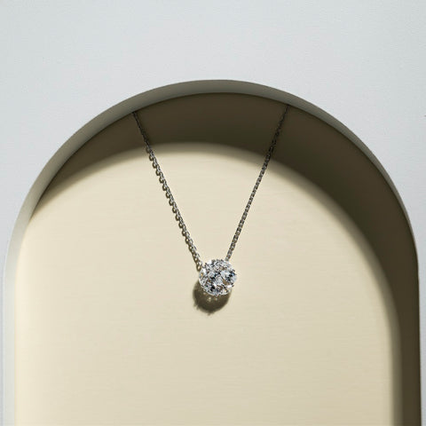 Liberty: Silver rhodium plated multi cut CZ cluster circle pendant with 16” chain necklace