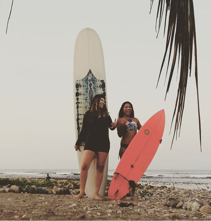 Margaret and local ripper with her hand dyed indigo deck patch surfboard