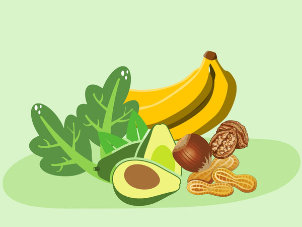Fruits like banana, avocado, and nuts