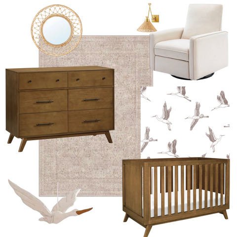 baby nursery brown and neutral with stork wall fabric wall decals