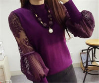 2018 Lace Pullover Sweater Jumper Winter Lantern Sleeve Knitted Sweaters and Pullovers Women Pull Femme Free Necklace PZ033