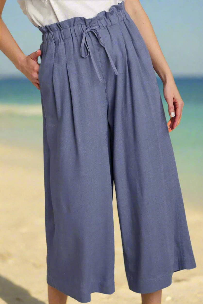 Full Size Dusty Blue Linen Wide Fit Pants with Drawstring