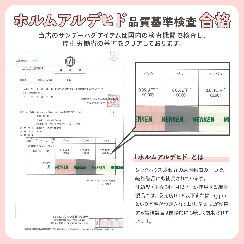 ホルムアルデヒド品質基準検査合格