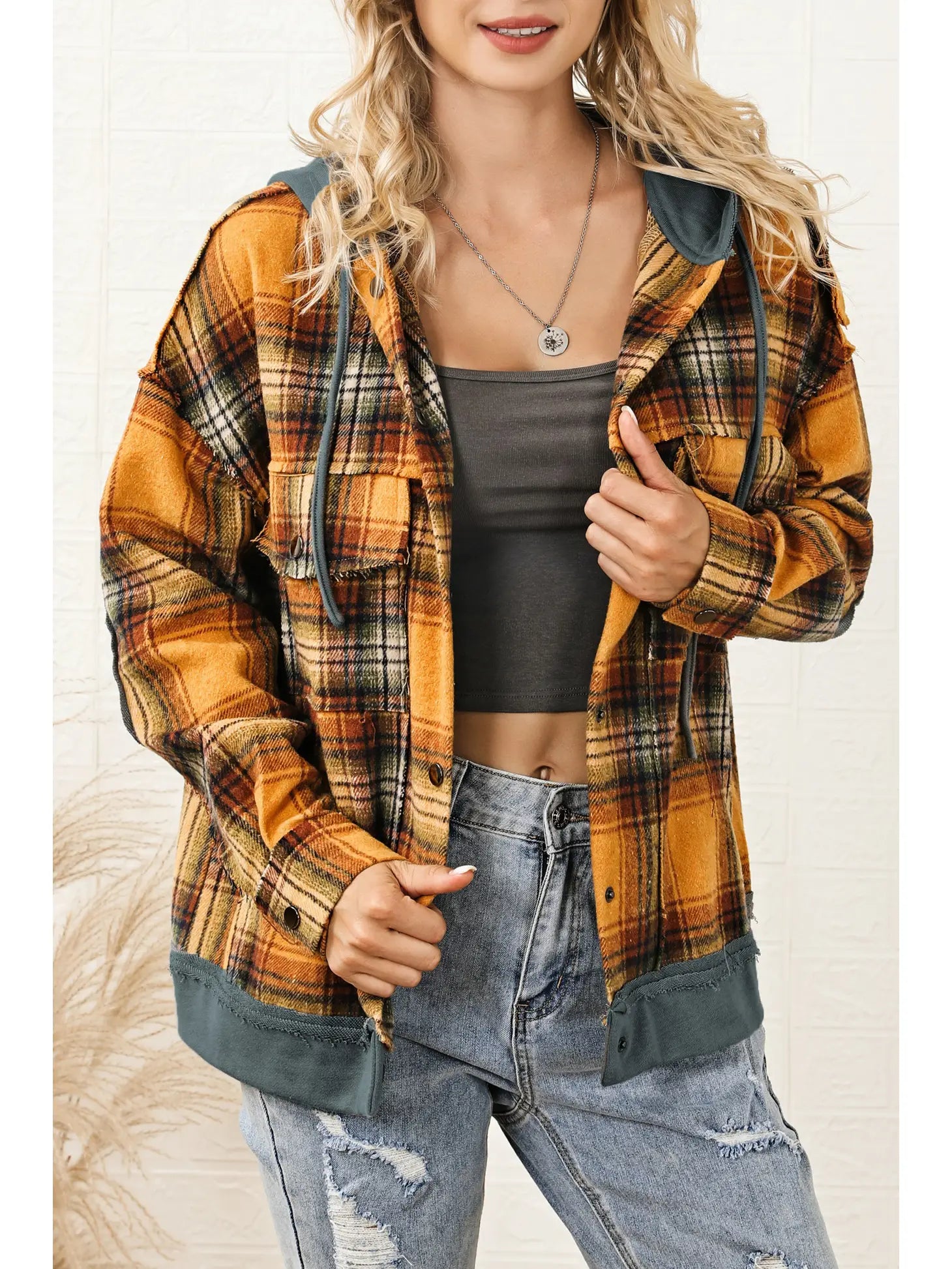 SALE-Orange Plaid Patch Hooded Frayed Snap Button Jacket