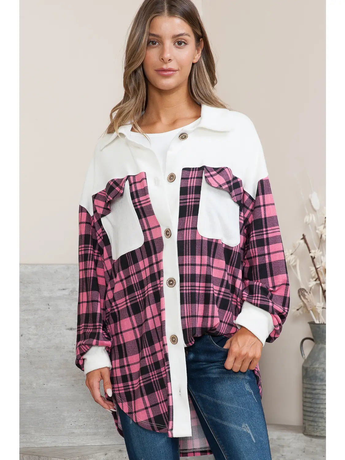 SALE-Oversized Soft Knit Mixed Media Shacket