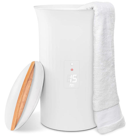 White pail and lid with wooden handle, that holds and heats up towels or blankets 