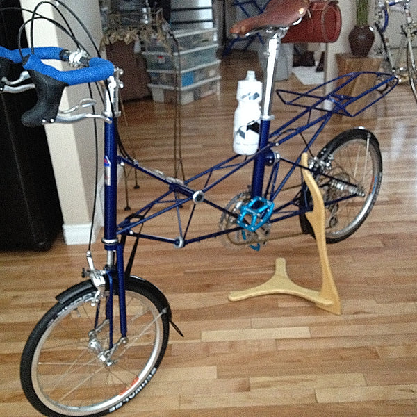 Bamboo holding a lovely Moulton space frame. Collapsible, front/rear suspension, super wow factor.