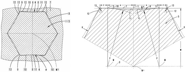 Left, inserted wrench. Right, enlargement. geometry details.