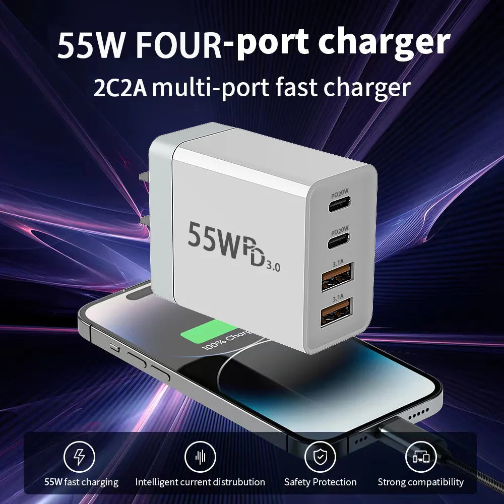 Minisopuru 55W 4-Port USB-C Fast Charger – PD & QC Power Adapter for iPhone, Samsung, Tablets, Laptops.