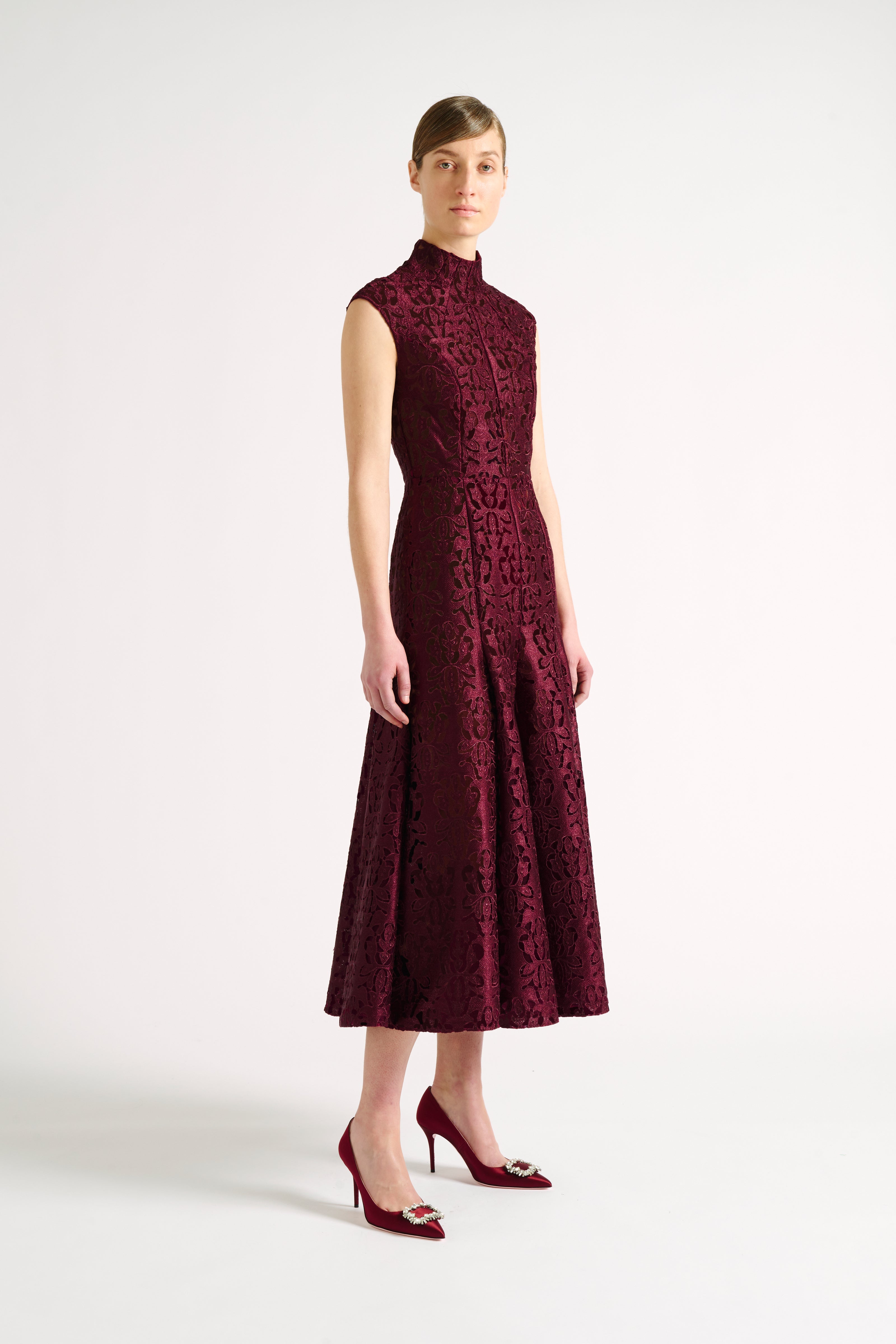 Charly Dress | Burgundy Lace High Neck Fit and Flare Dress | Emilia ...