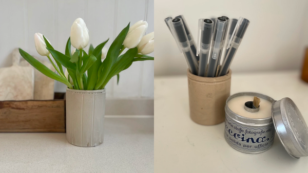 Two images of beige Victorian marmalade jars holding tulips in one jar and pens in the other