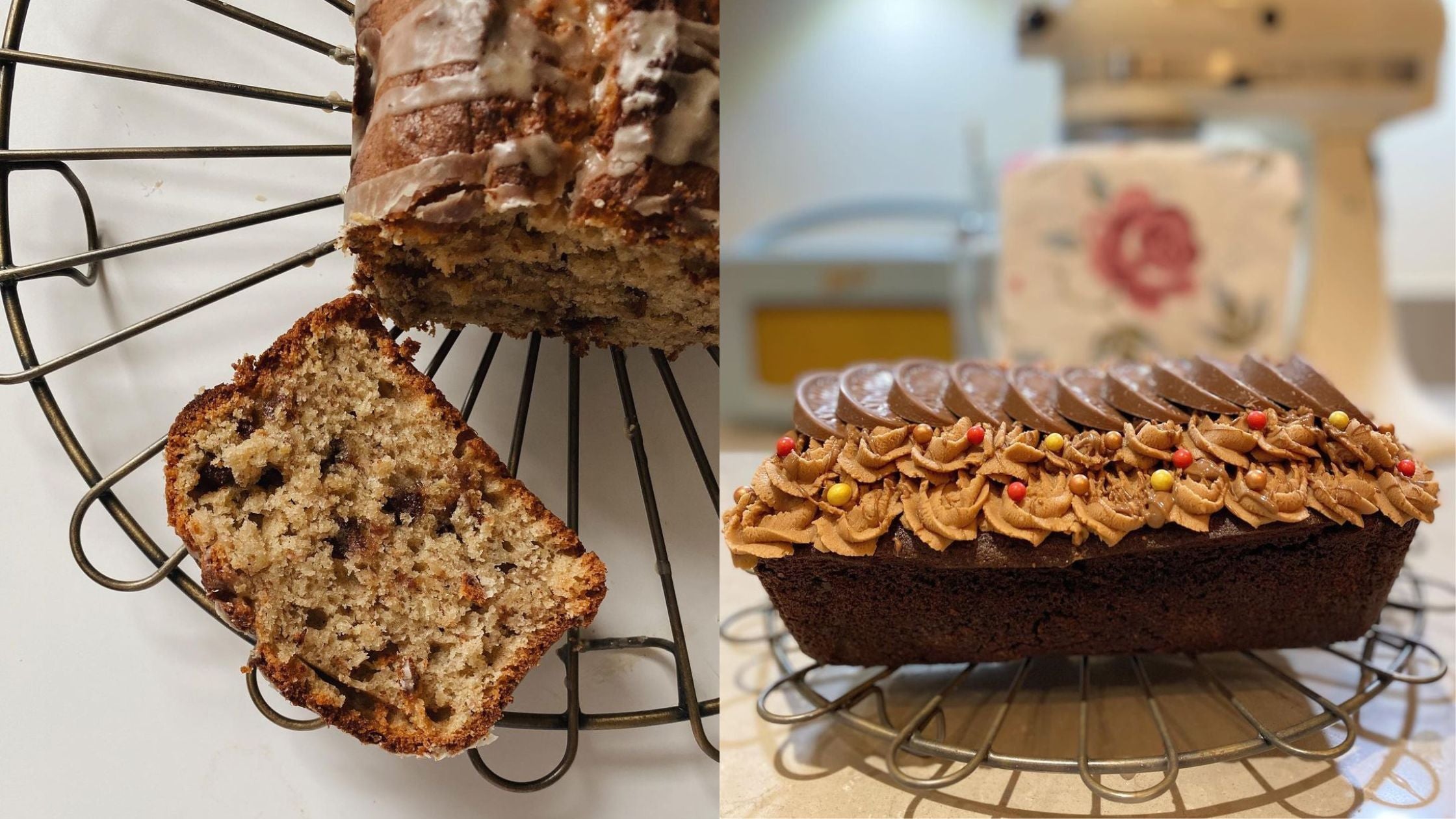 Banana bread and chocolate orange cake displayed on our brass wire cake stand