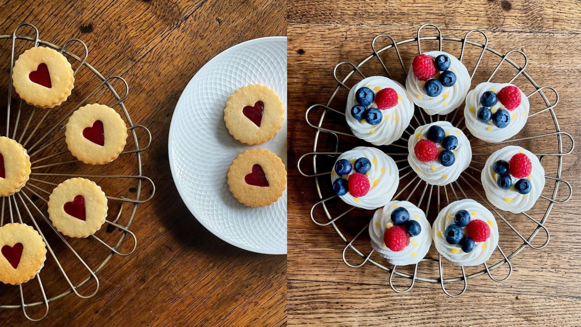 Jammie biscuits and fruity meringue nests displayed on our brass wire cake rack