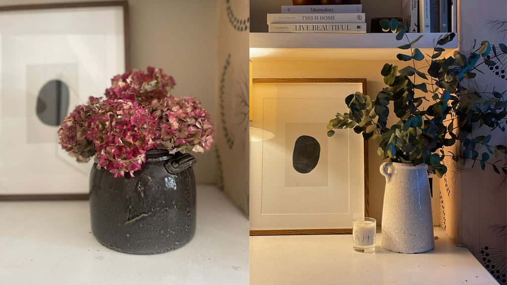 Two images, one of pink dried hydrangea in a charcoal pot, the second is dried eucalptus in a tall off white vase